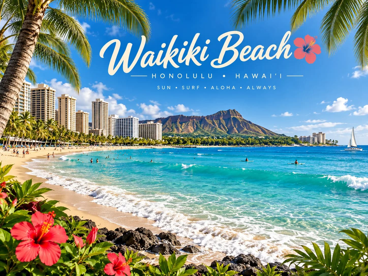Waikiki Beach with Diamond Head beyond the shoreline and hibiscus in the foreground