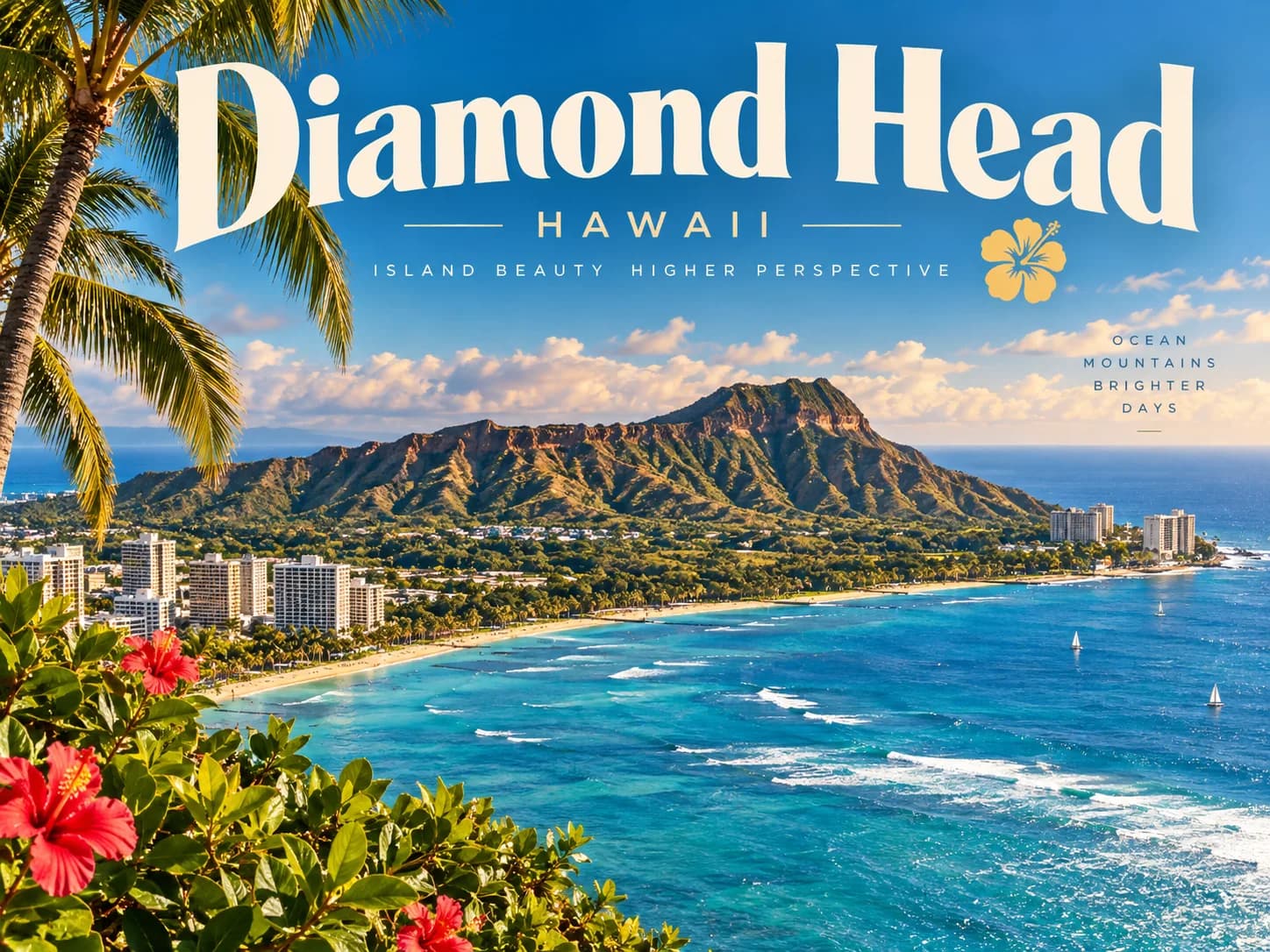 Diamond Head crater seen from above Waikiki with the coastline curving below