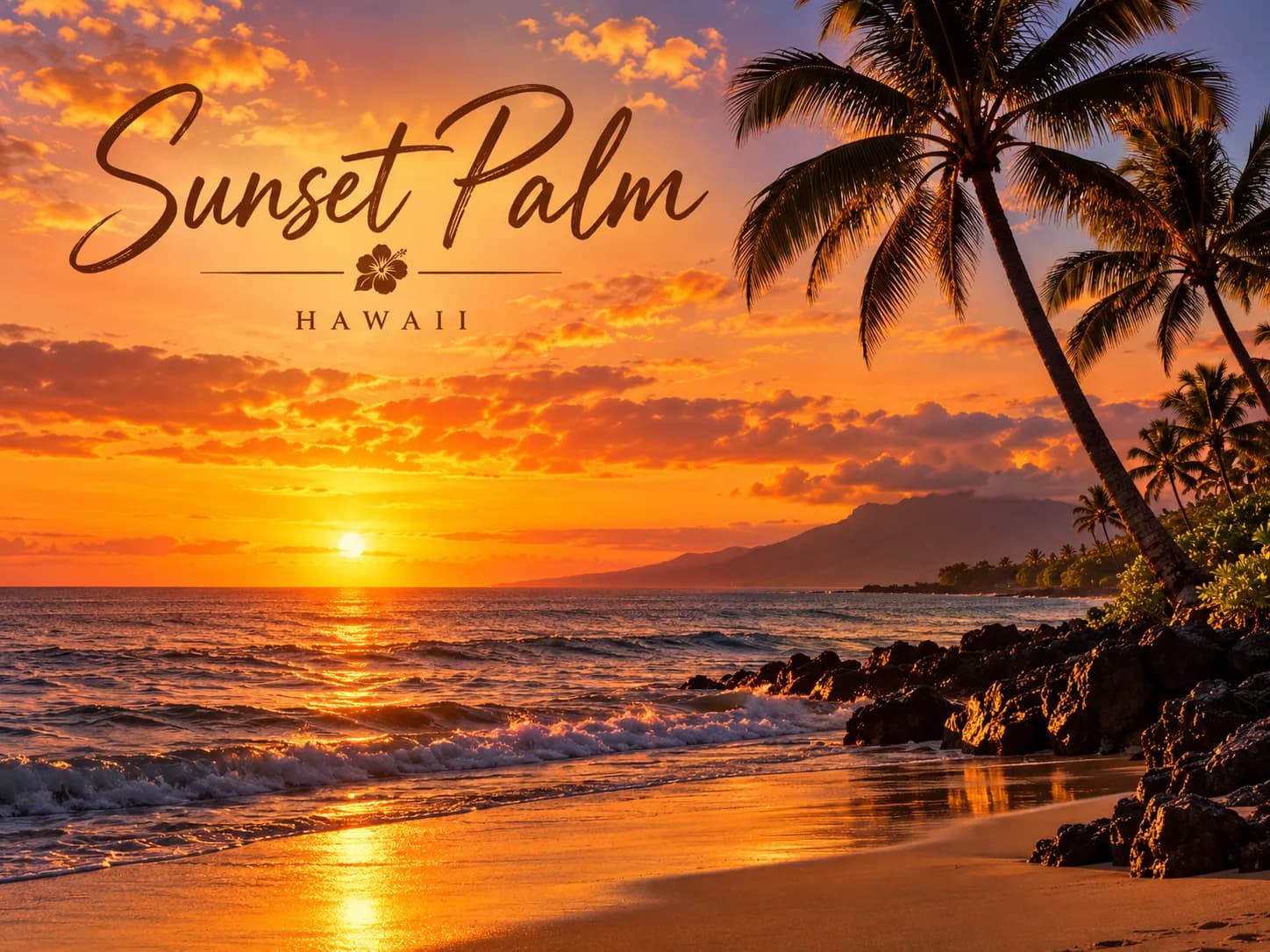 A Hawaiian sunset over the ocean with palm silhouettes and wet sand reflecting the light