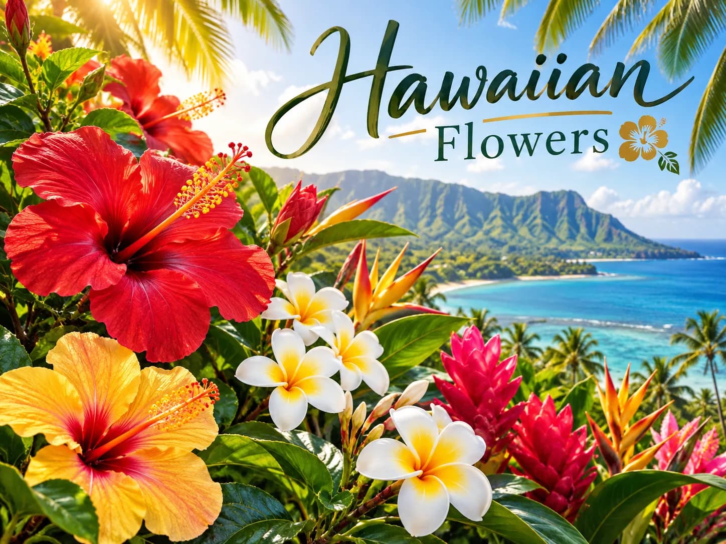 Red and yellow hibiscus, plumeria and red ginger with a green coastline behind