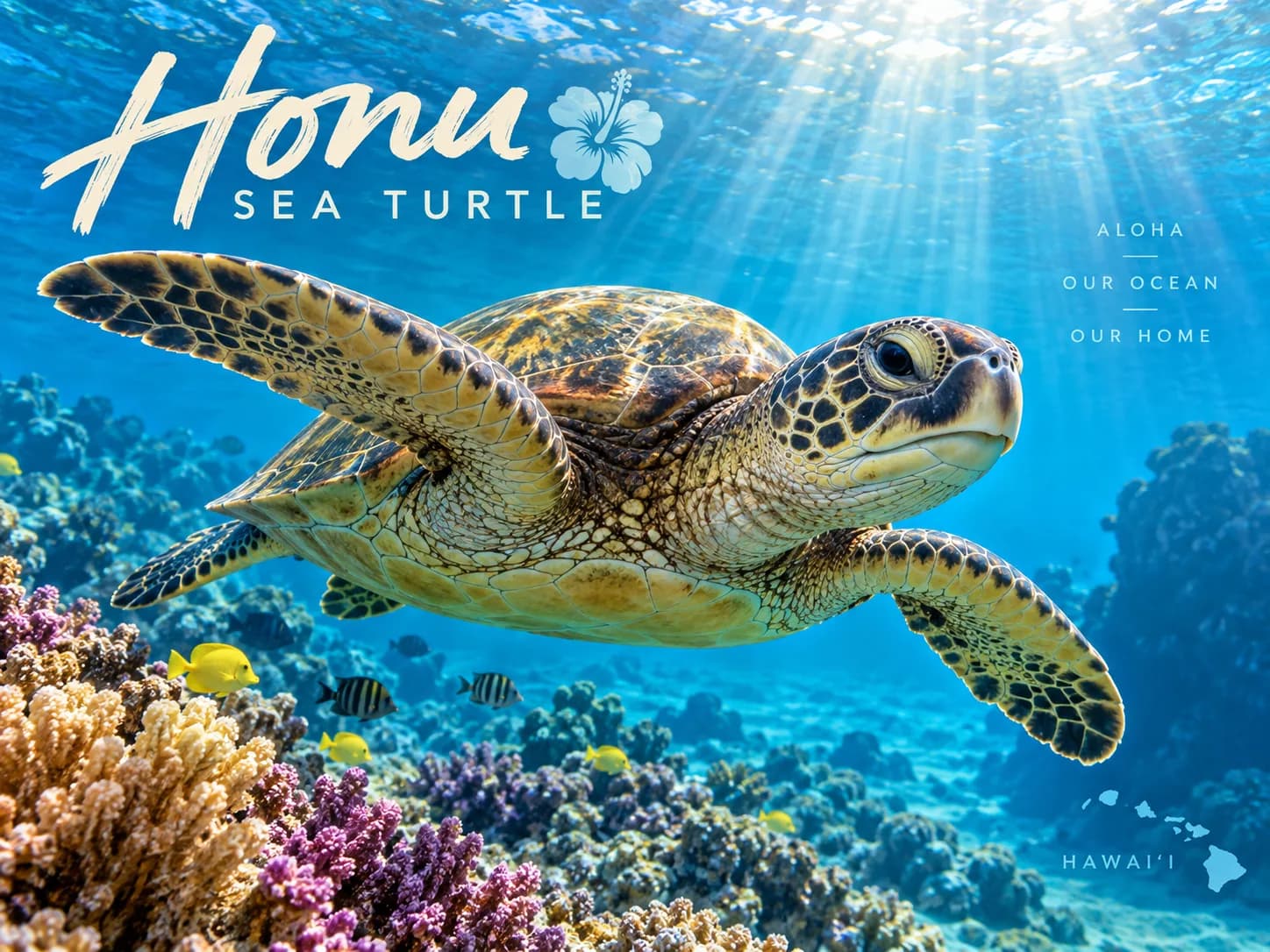 A Hawaiian green sea turtle gliding over a coral reef in sunlit water