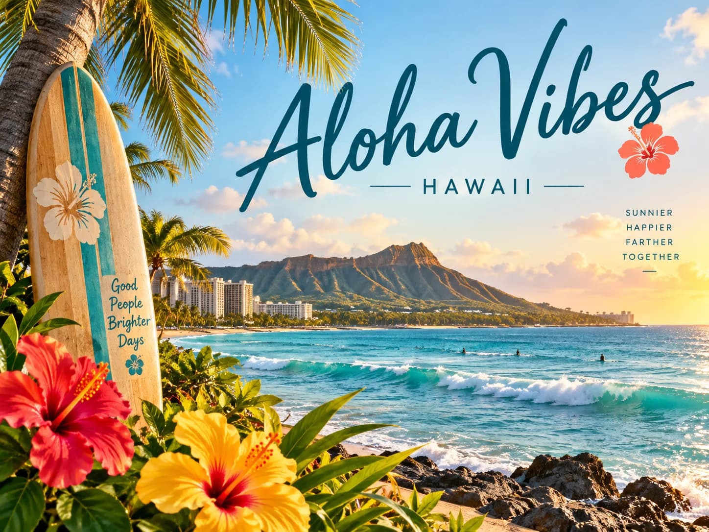 A surfboard propped among hibiscus with Diamond Head and the Waikiki shoreline behind